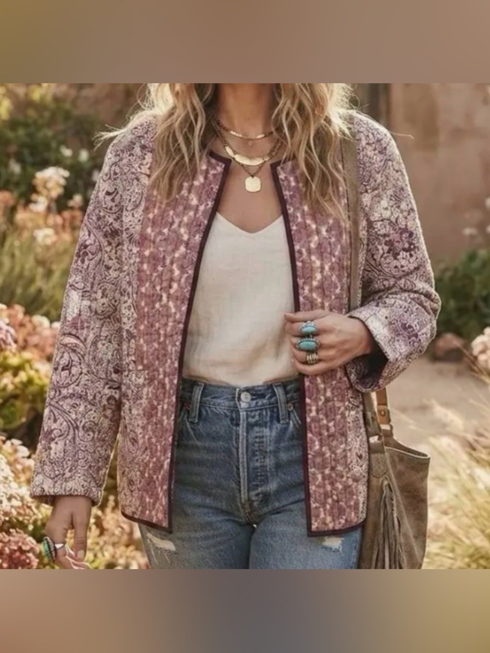 J.Jill Quilted Boho Reversible Floral Paisley Open-Front Jacket Almond Folklore